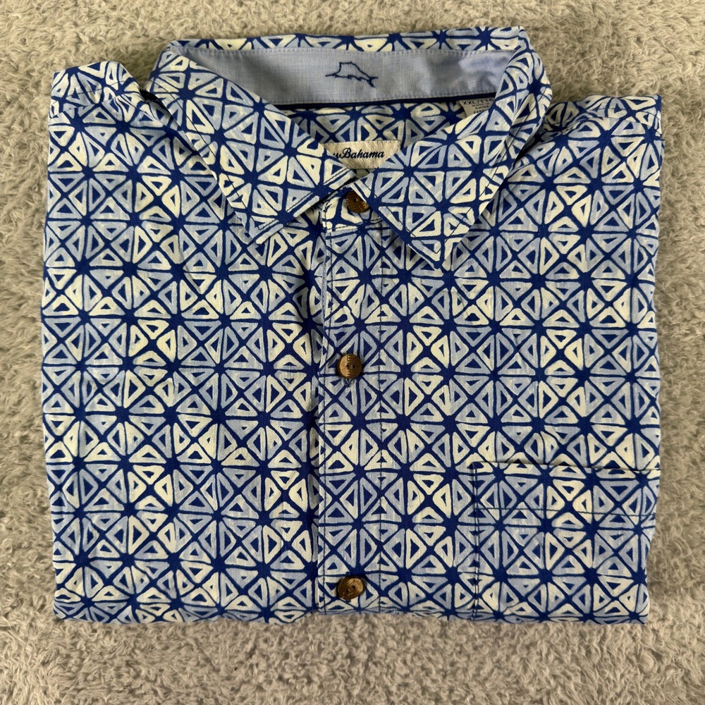 Tommy Bahama Mens XXL Blue White Geometric Silk Blend Coolmax Short Sleeve Shirt - Picture 6 of 9